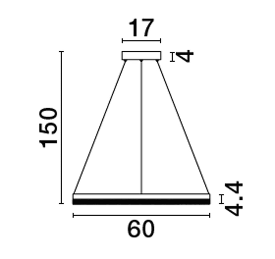 Schéma coté du luminaire indiquant hauteur 150 cm et diamètre 60 cm