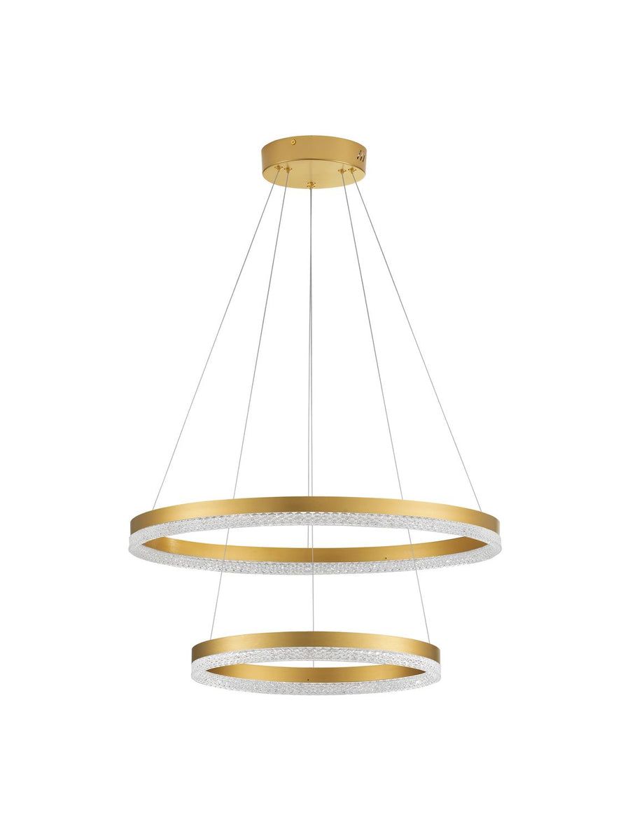 Vue d'ensemble du luminaire sur fond blanc, rosace et câbles de suspension apparents