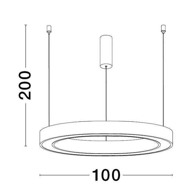 Schéma technique coté : hauteur 200 cm et diamètre 100 cm de la suspension.