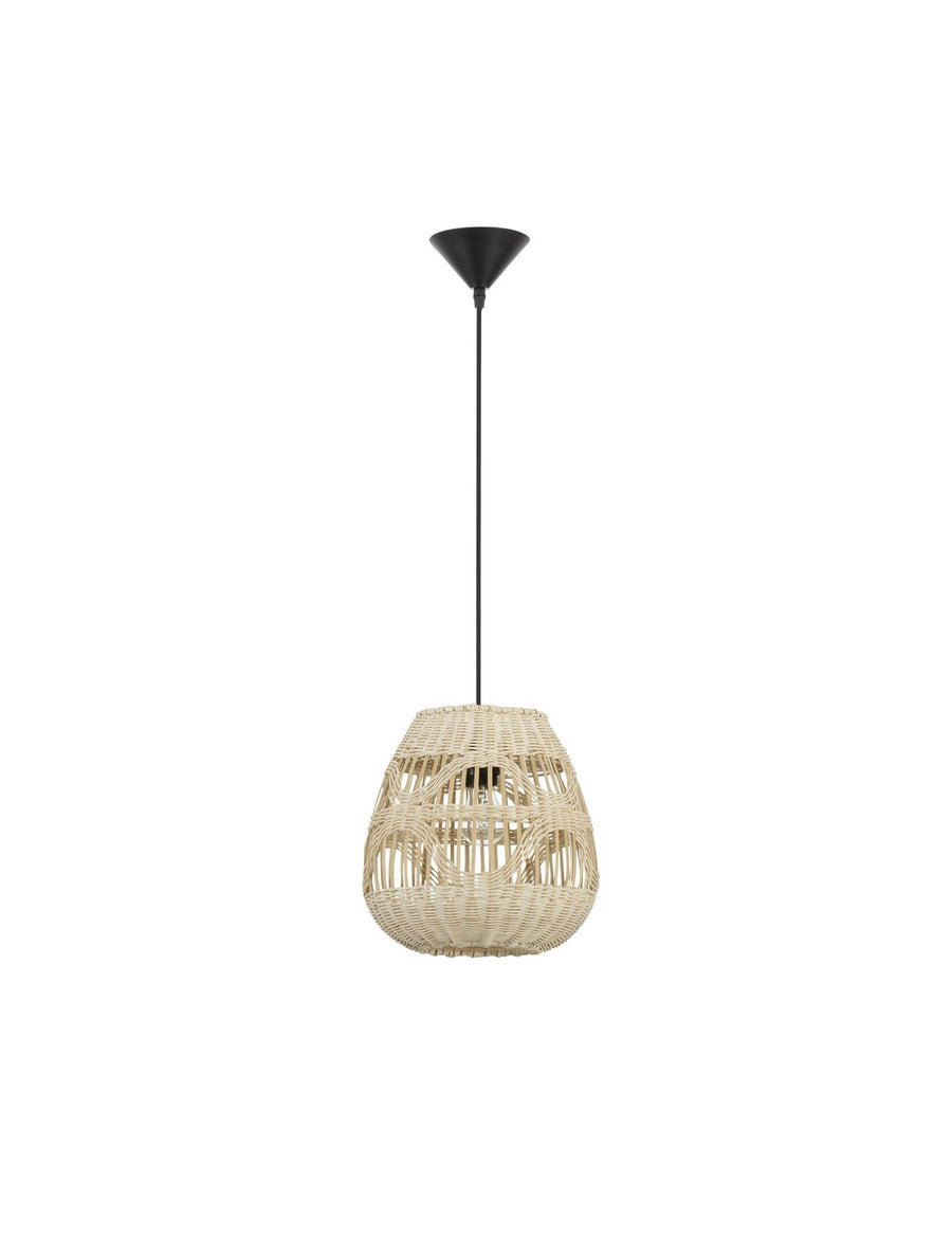 Vue de face du luminaire entier, câble noir et rosace, fond blanc neutre.