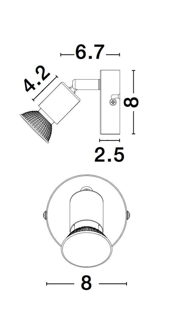 Schéma technique coté du luminaire, vue de profil et de dessous avec dimensions
