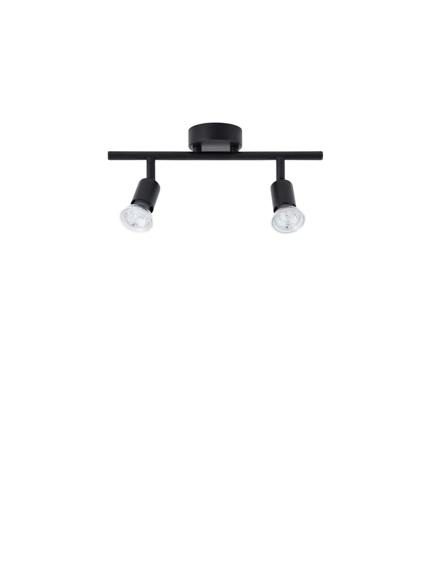 Produit de face sur fond blanc, barre noire fine et deux spots orientables