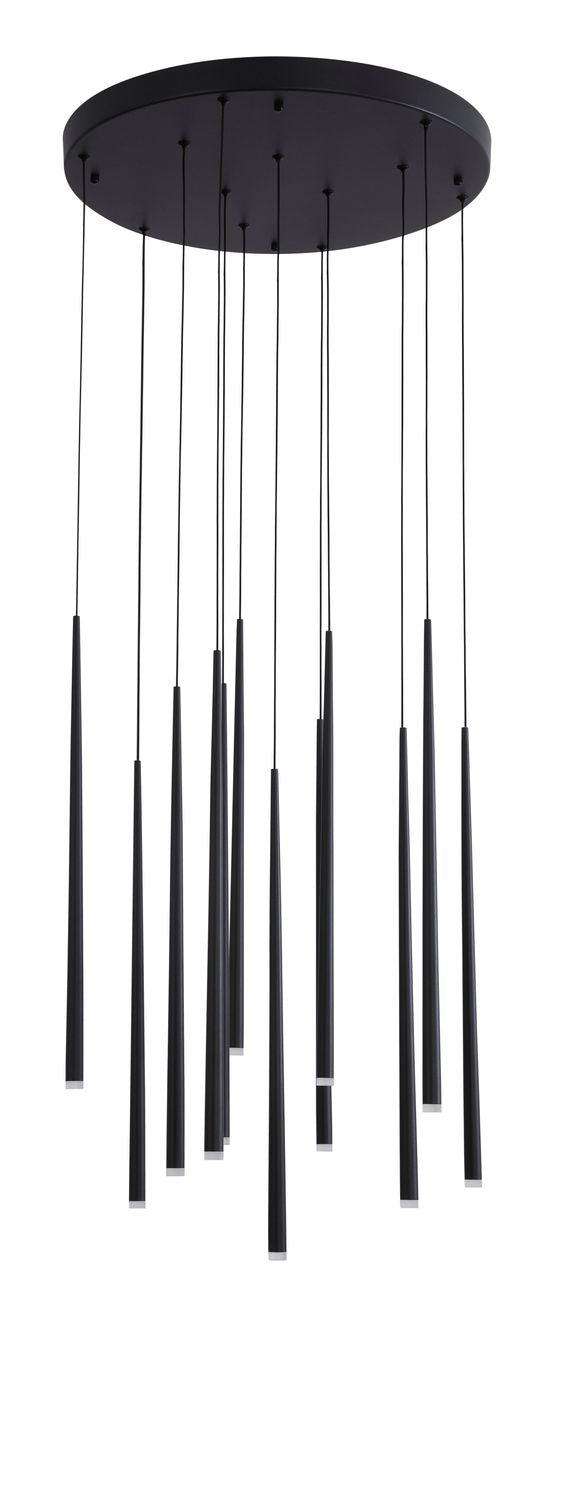 Vue de face du luminaire, treize tiges noires tombant d'un socle rond