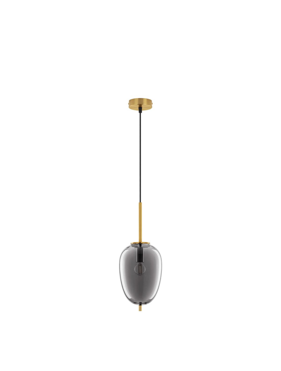 Vue d'ensemble de la suspension sur fond blanc, câble noir et rosace dorée visibles.