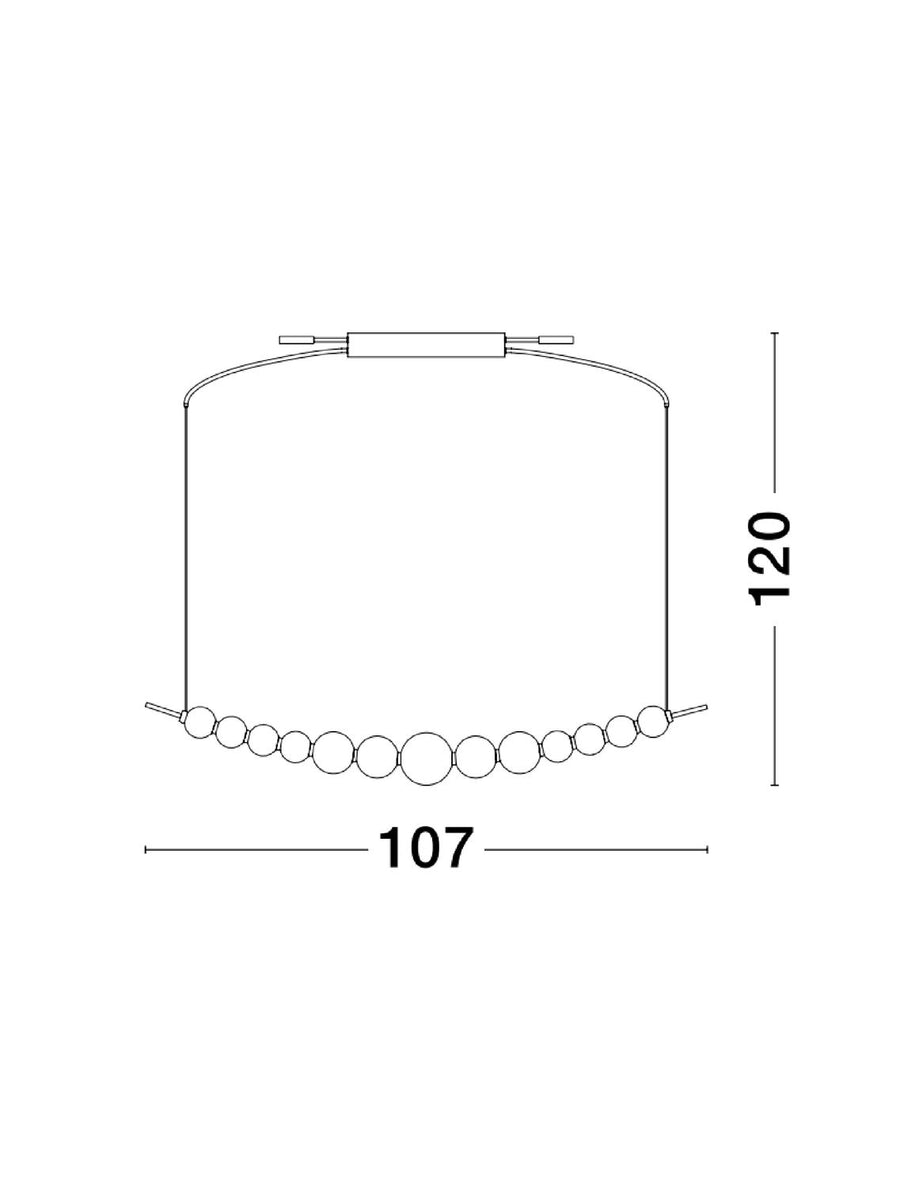 Schéma coté du luminaire indiquant 120 cm de hauteur et 107 cm de largeur