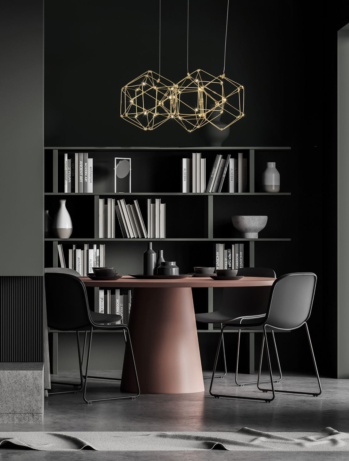 Suspension dorée au-dessus d'une table ronde dans un intérieur sombre et moderne