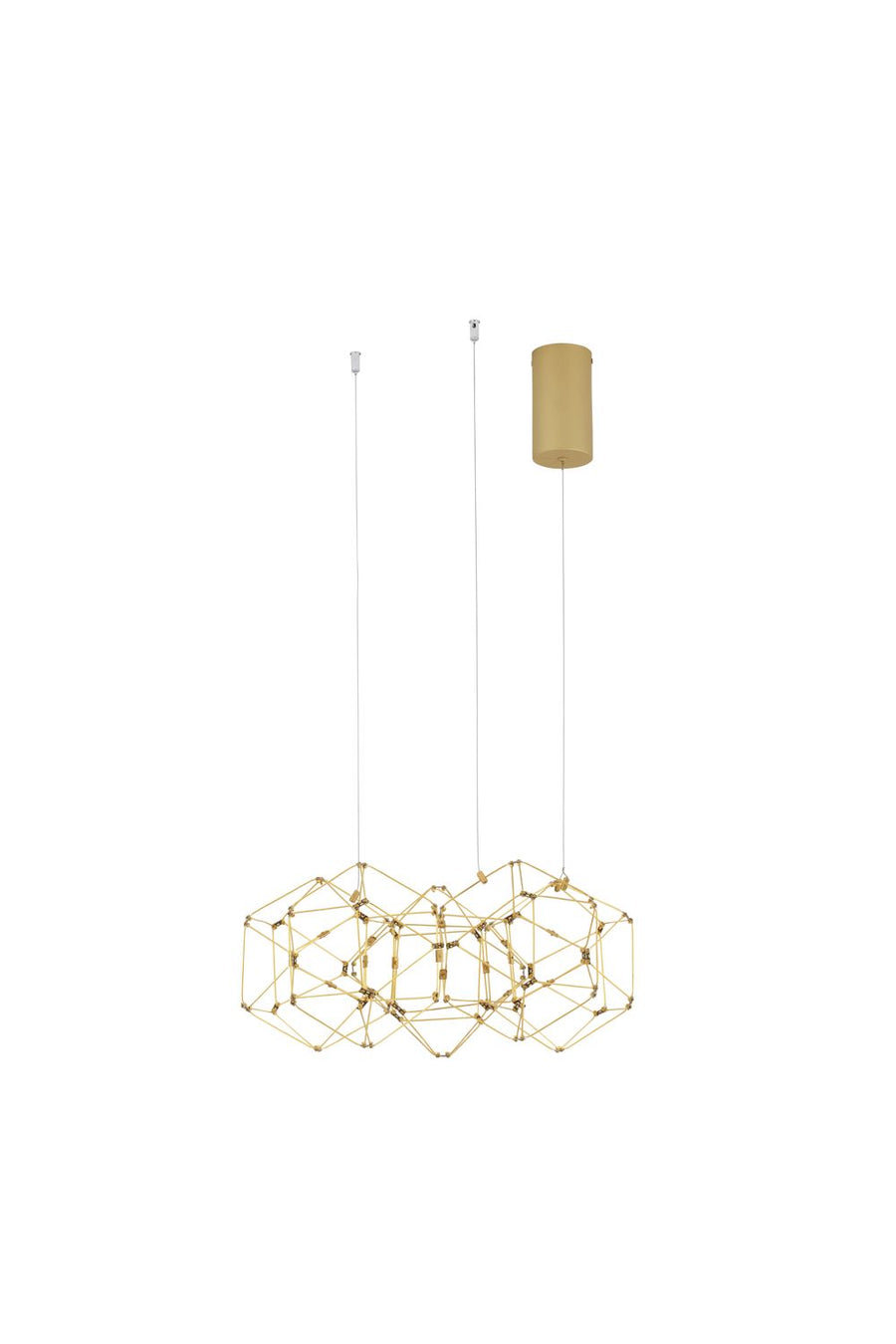 Vue détourée du luminaire suspendu avec structure géométrique dorée et câbles fins