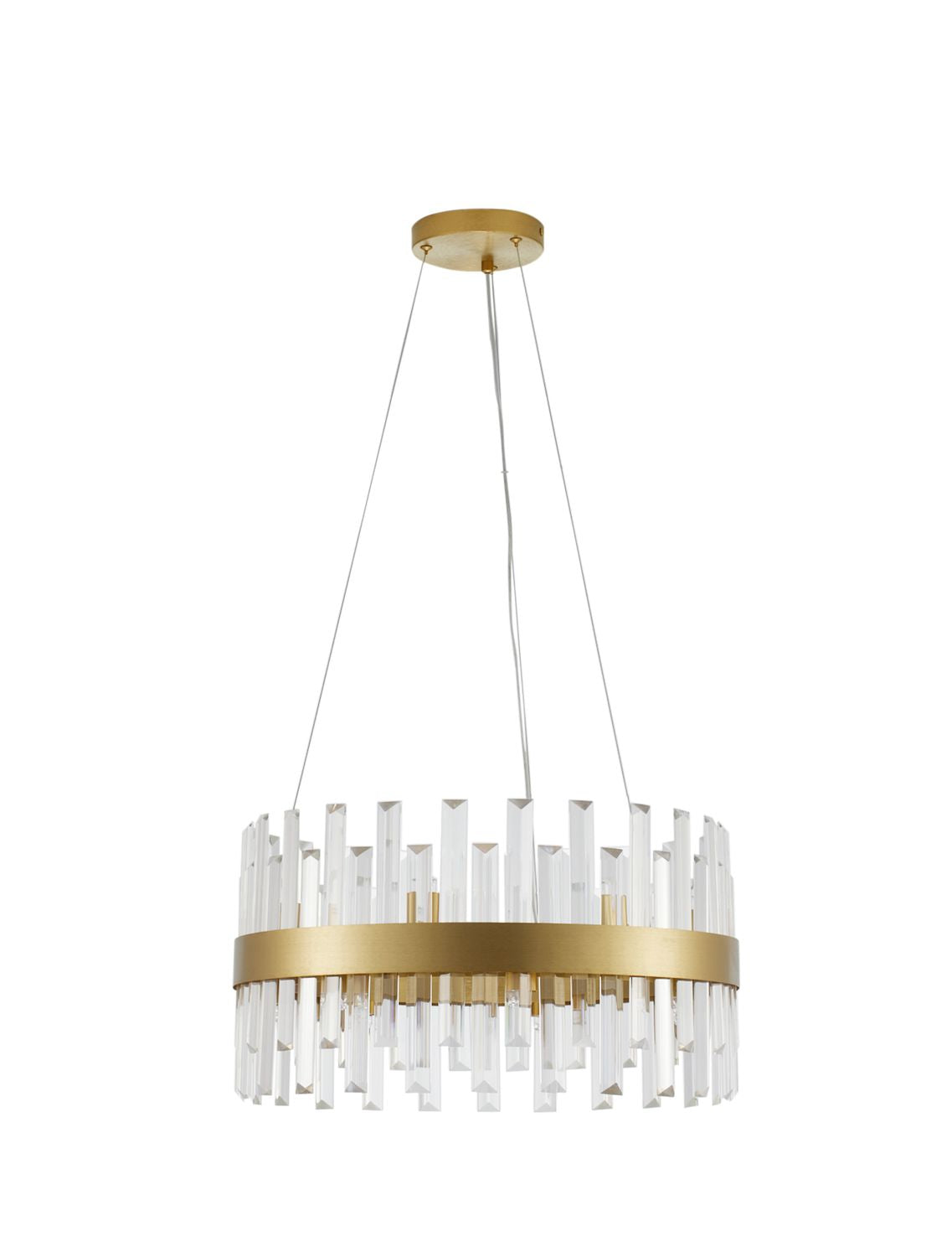 Produit de face détouré sur fond blanc, structure circulaire et prismes de cristal