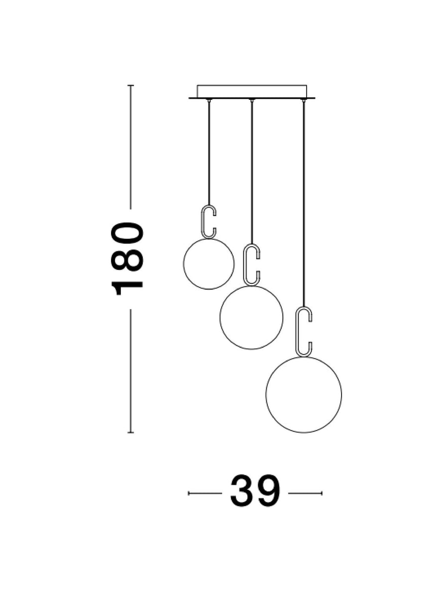 Schéma coté de la suspension indiquant une hauteur de 180 cm et largeur 39 cm.