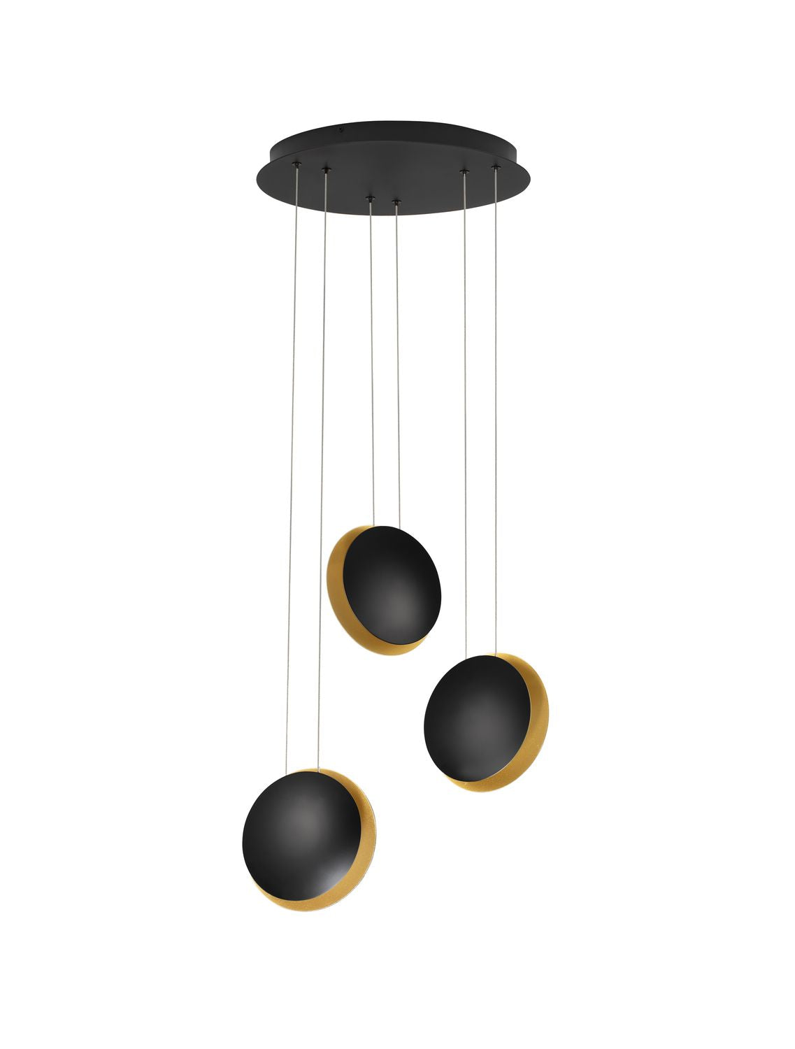 Vue de face sur fond blanc du luminaire et de sa platine ronde noire