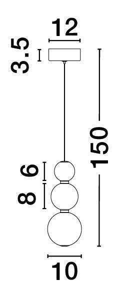 Schéma coté du luminaire : hauteur 150 cm, rosace 12 cm, globes 6, 8 et 10 cm