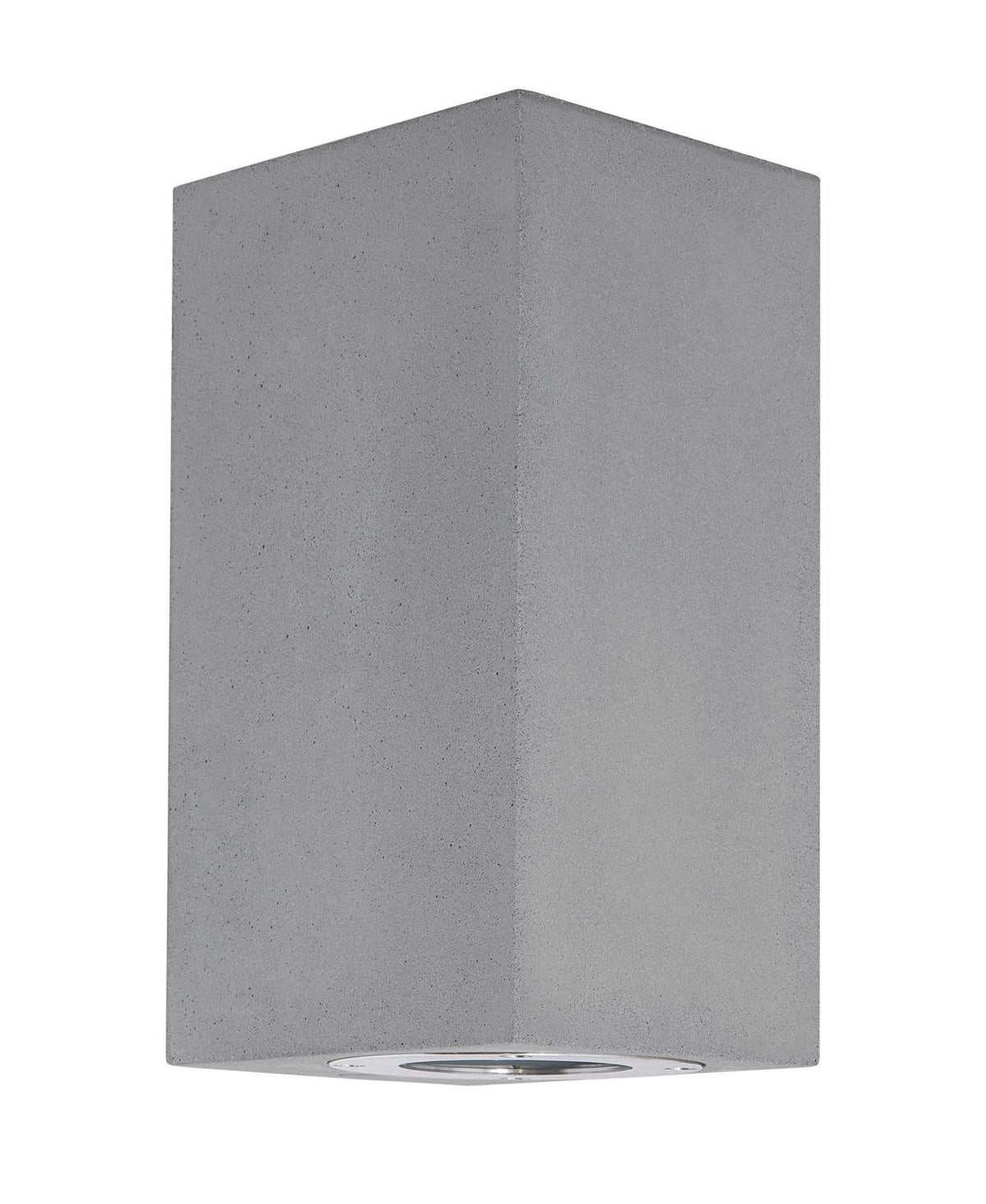 Vue de face du luminaire béton gris, diffuseur rond visible sous le boîtier