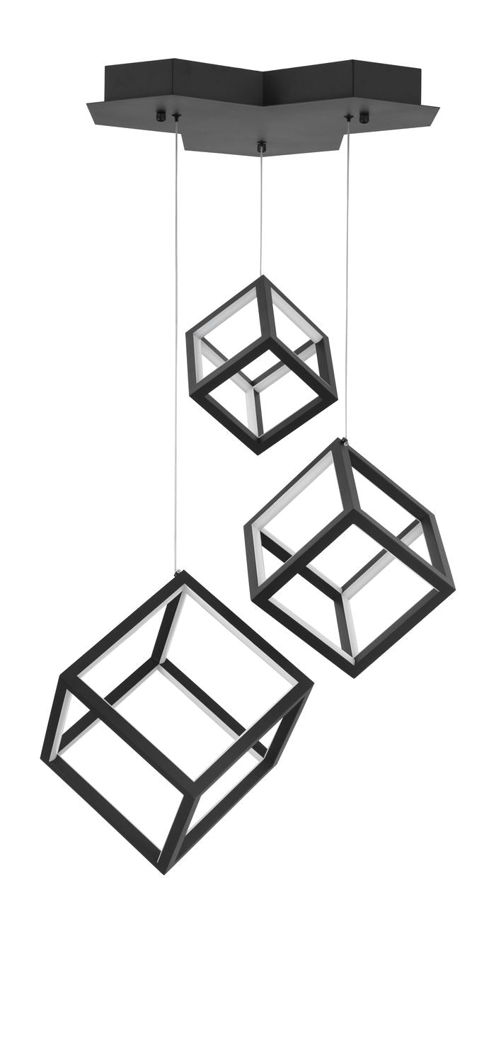 Vue d'ensemble avec platine de fixation noire et trois cubes suspendus à câbles fins