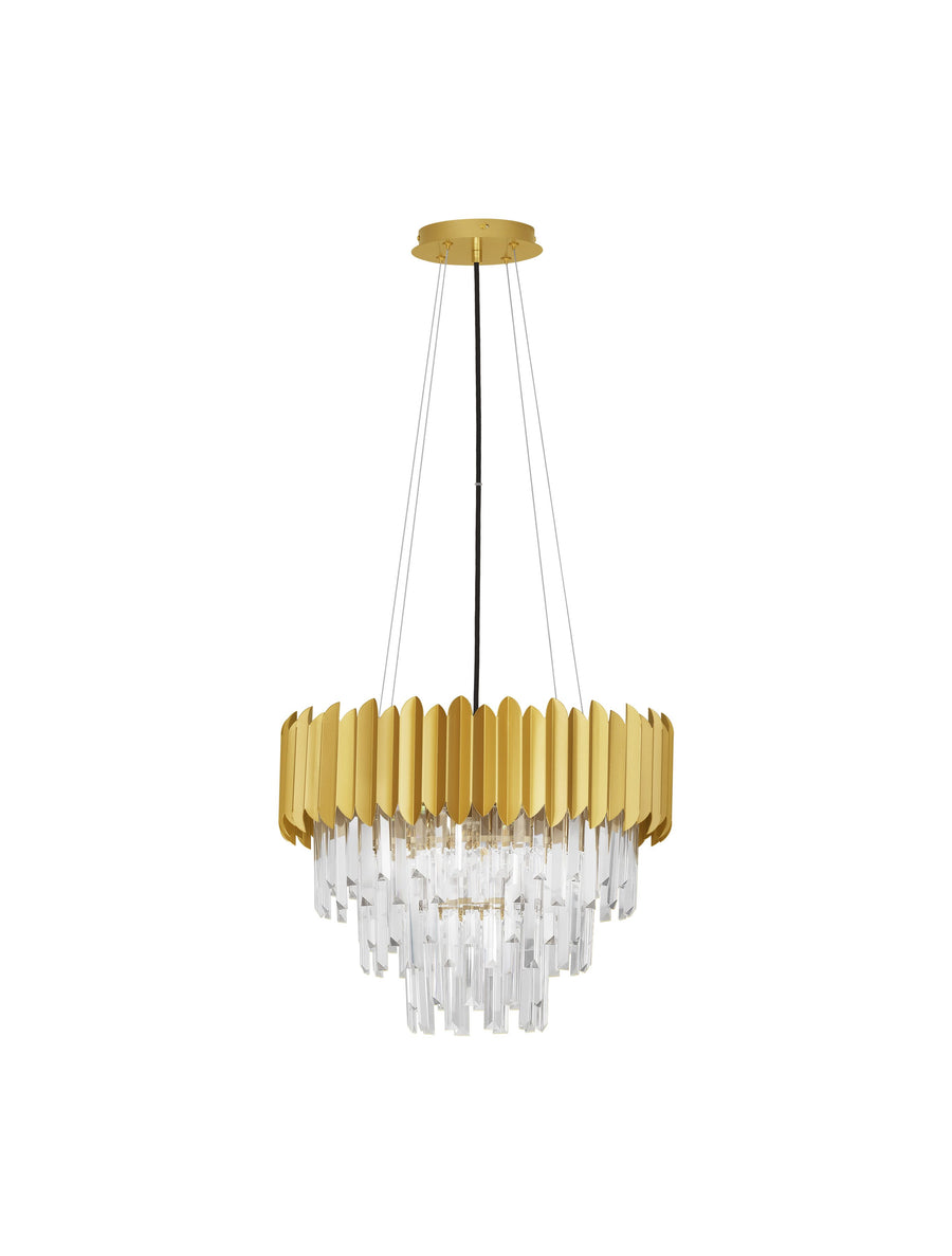 Vue de face sur fond blanc : suspension dorée avec cristaux en cascade.