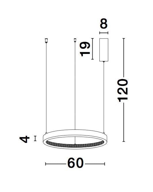Schéma technique coté du luminaire avec diamètre, hauteur de suspension et canopée