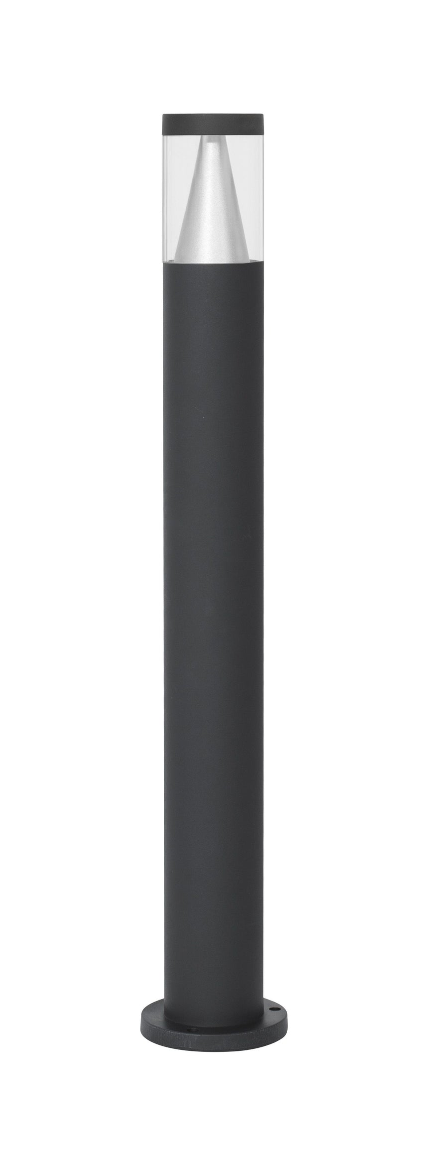 Vue de face du luminaire noir montrant le réflecteur conique argenté sous le verre.