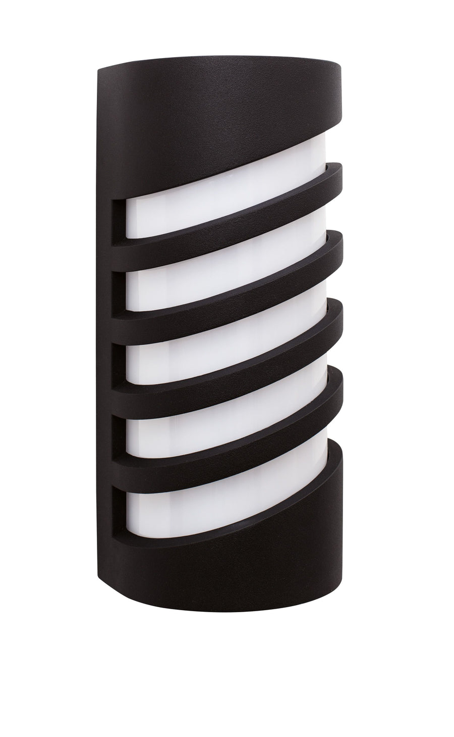 Vue de trois quarts du luminaire noir aux cinq cerclages ajourés, fond blanc.