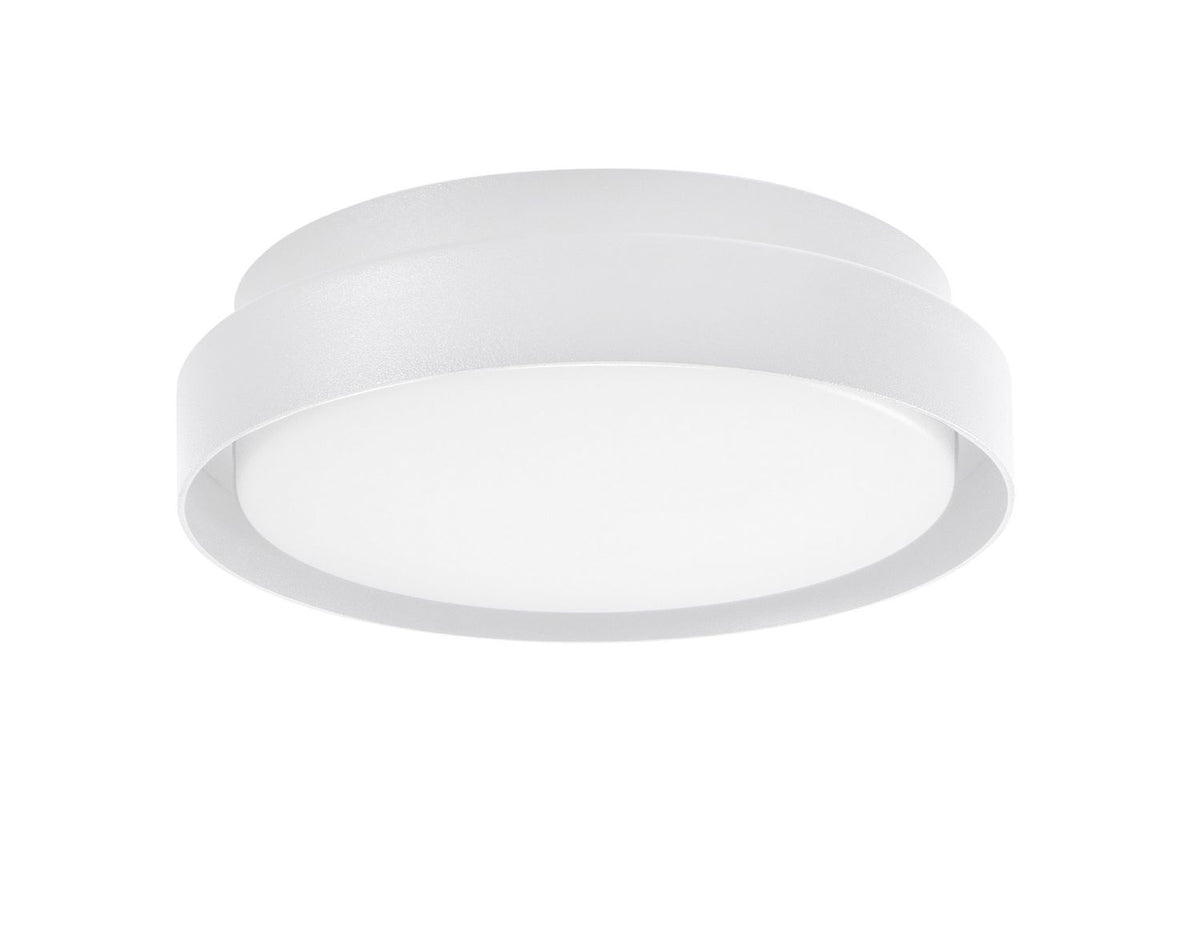Vue de trois quarts du plafonnier blanc sur fond neutre, anneau et diffuseur opale