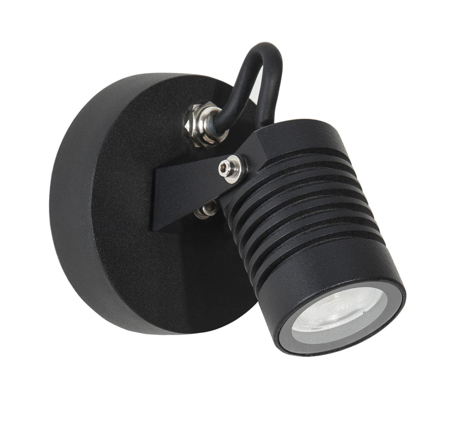 Produit de face : applique noire avec support rond et projecteur cylindrique nervuré