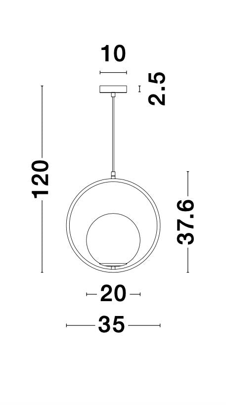 Schéma coté de la suspension : hauteur 120 cm, largeur 35 cm