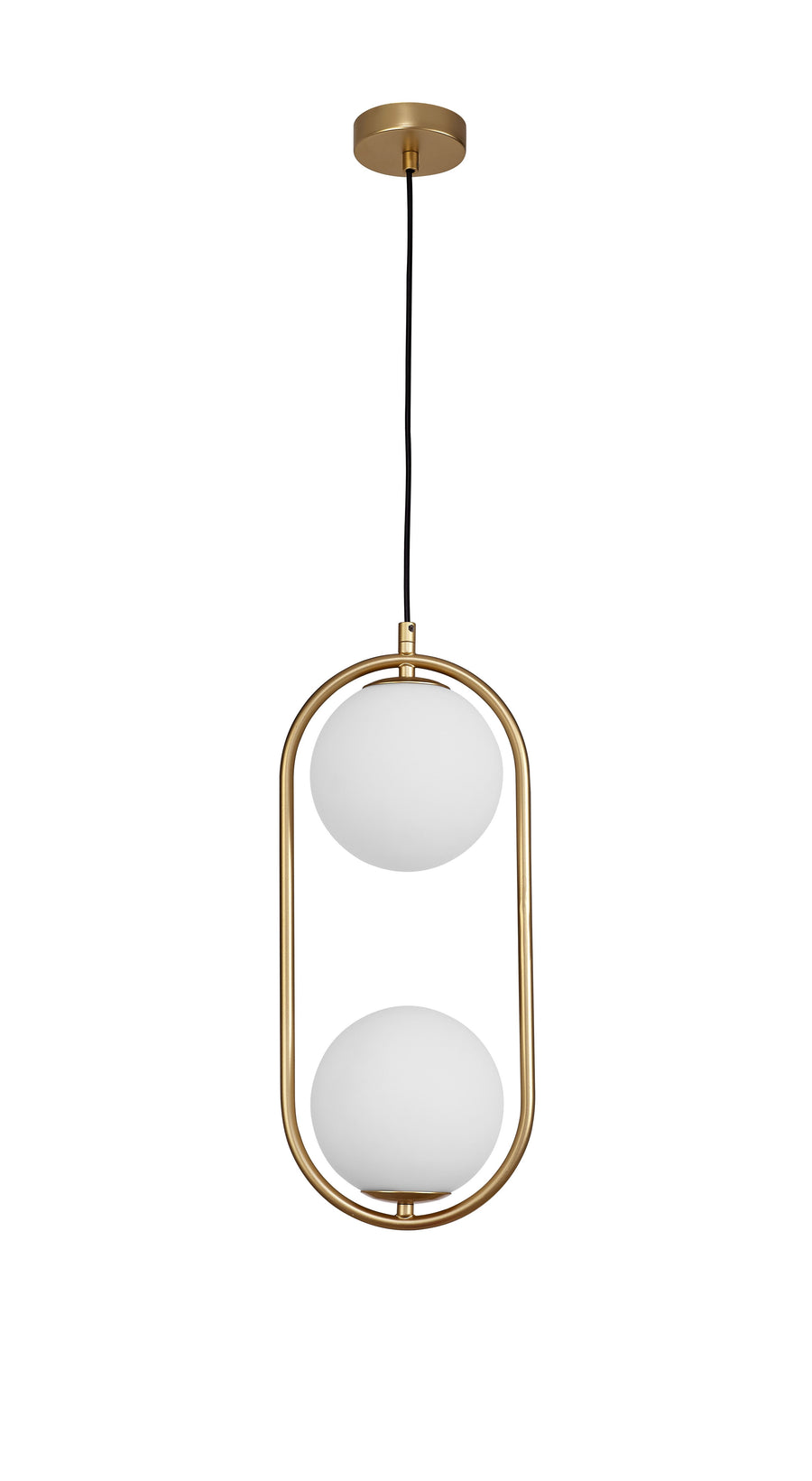 Vue de face du luminaire sur fond blanc, structure ovale dorée et globes opalins