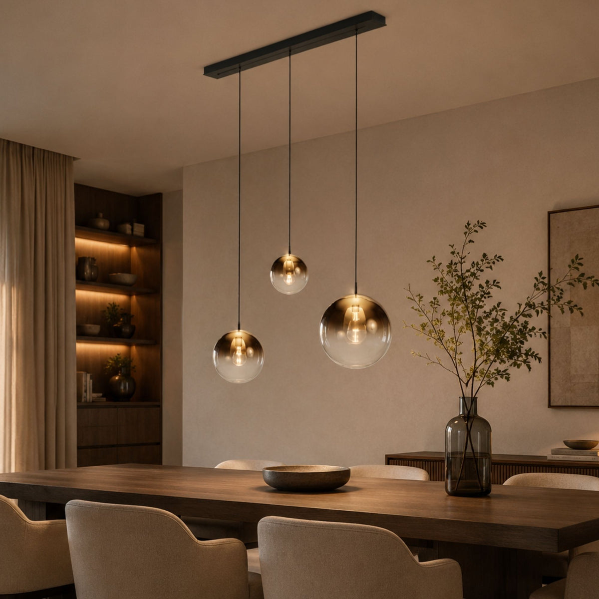 Suspension de table Orb 3 lumières, longueur 120 cm, verres Ø 20, 30 et 40 cm