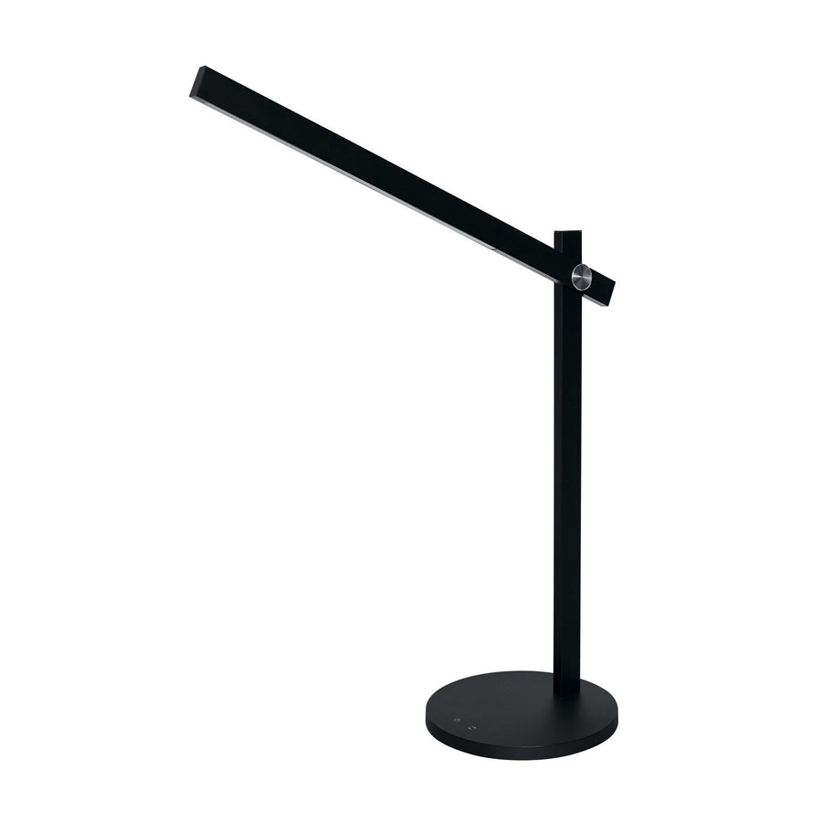 Lampadaire de bureau noir au bras incliné sur base ronde, fond blanc