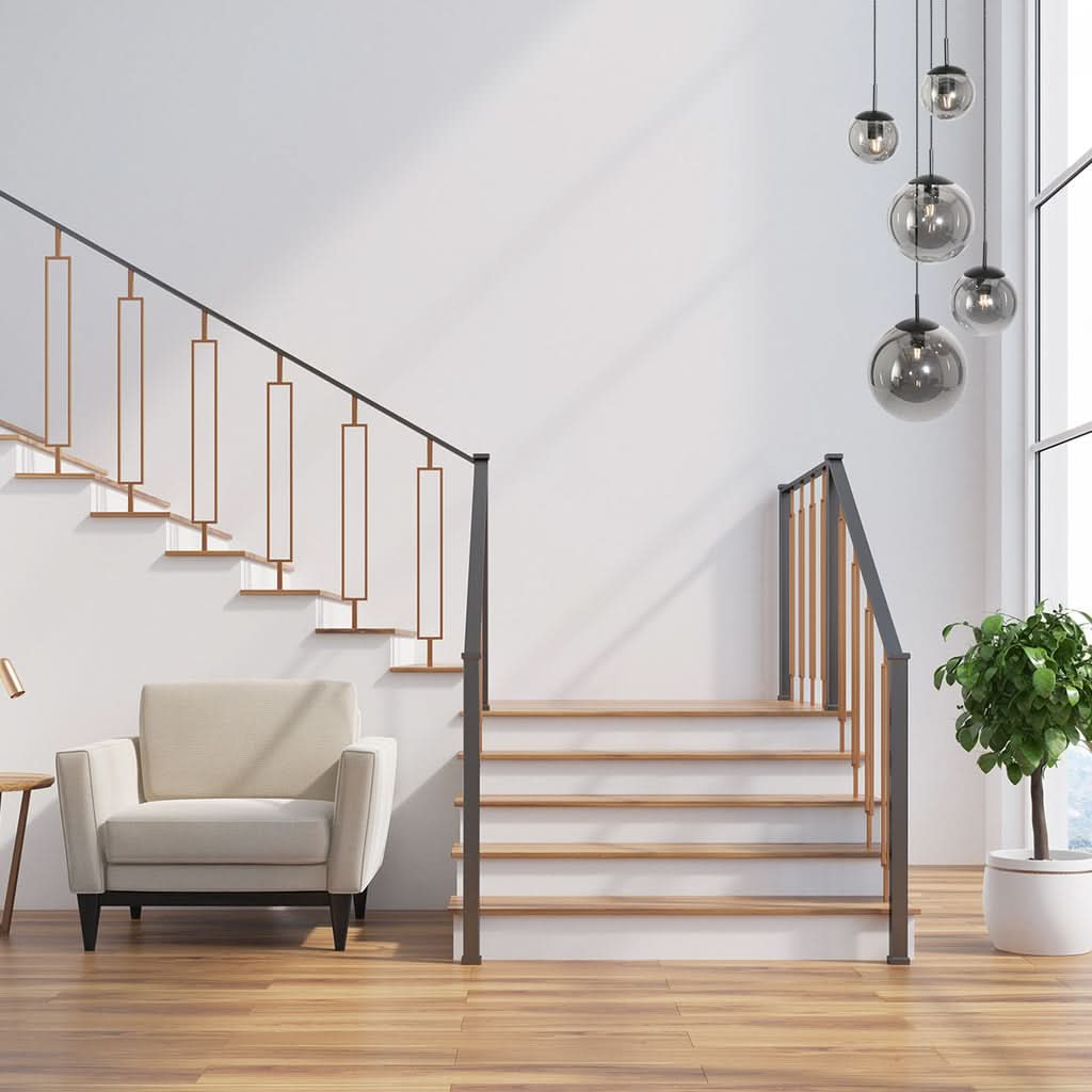 Mise en ambiance du luminaire suspendu au-dessus d'un escalier en bois clair