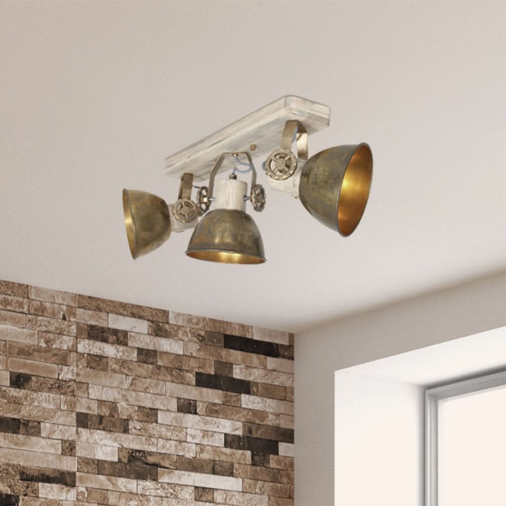Plafonnier installé au plafond dans une pièce avec mur en pierre et fenêtre