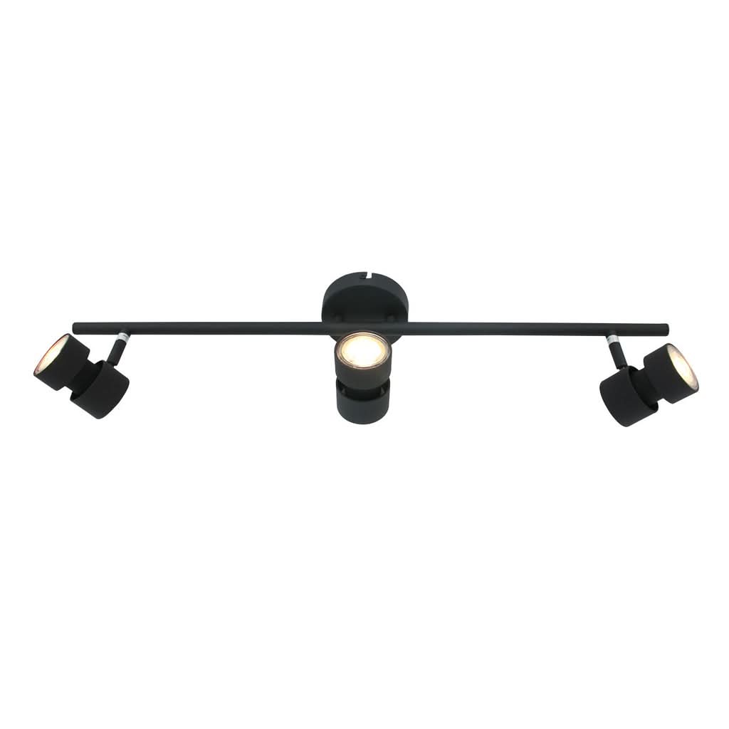Vue de face du plafonnier noir à trois spots orientables sur barre horizontale