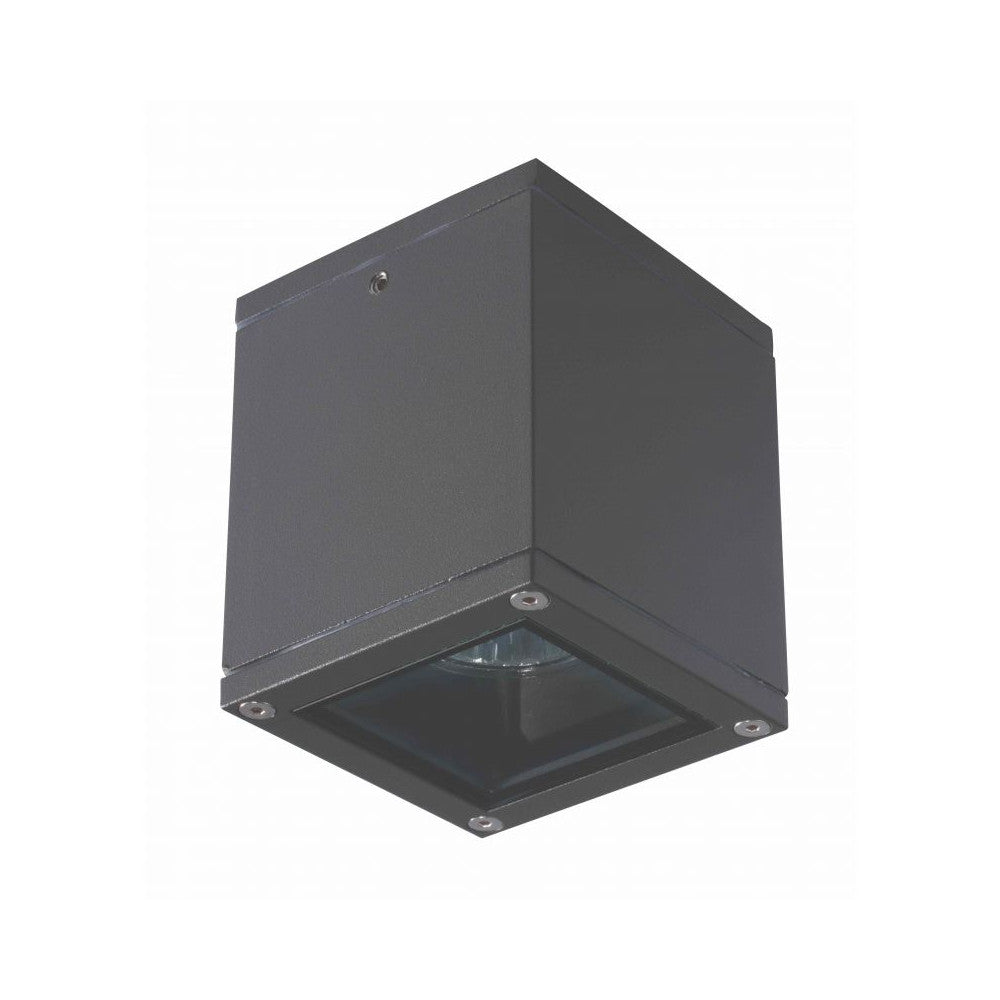 Vue de trois quarts du plafonnier cubique graphite avec diffuseur en verre