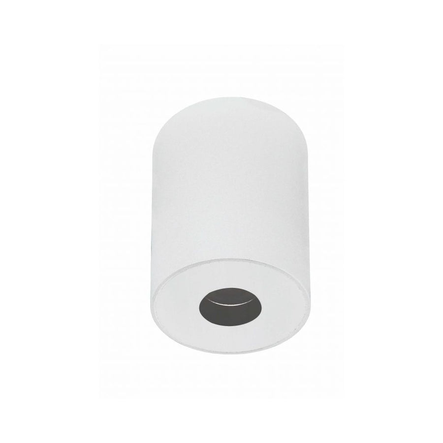 Luminaire cylindrique blanc vu de dessous, diffuseur central noir et finition mate