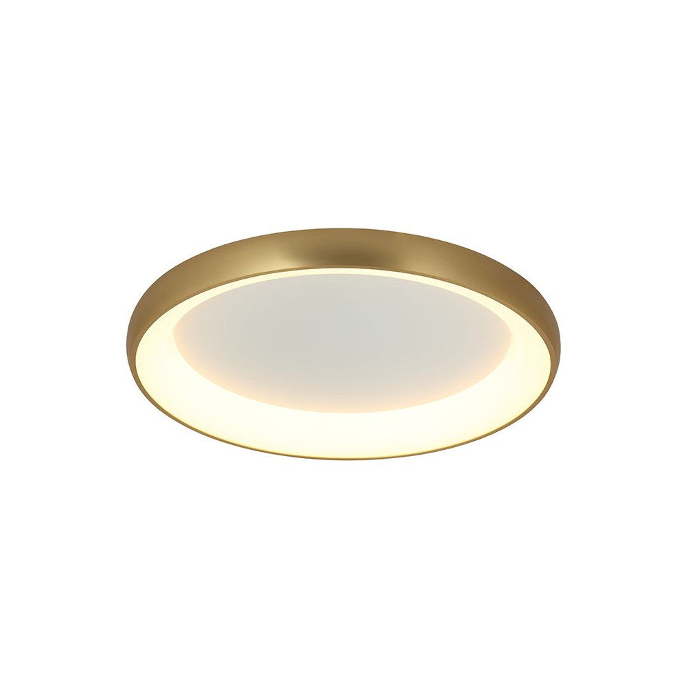 Plafonnier rond en or brossé mat avec diffuseur blanc lumineux, vue de face.