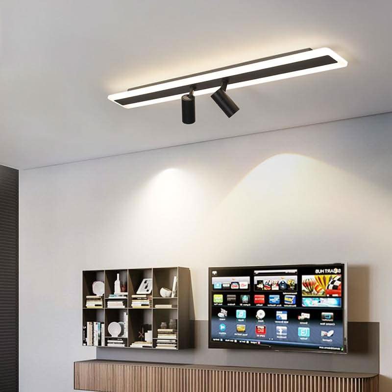 Vue en situation au-dessus d'un meuble TV et d'une bibliothèque moderne