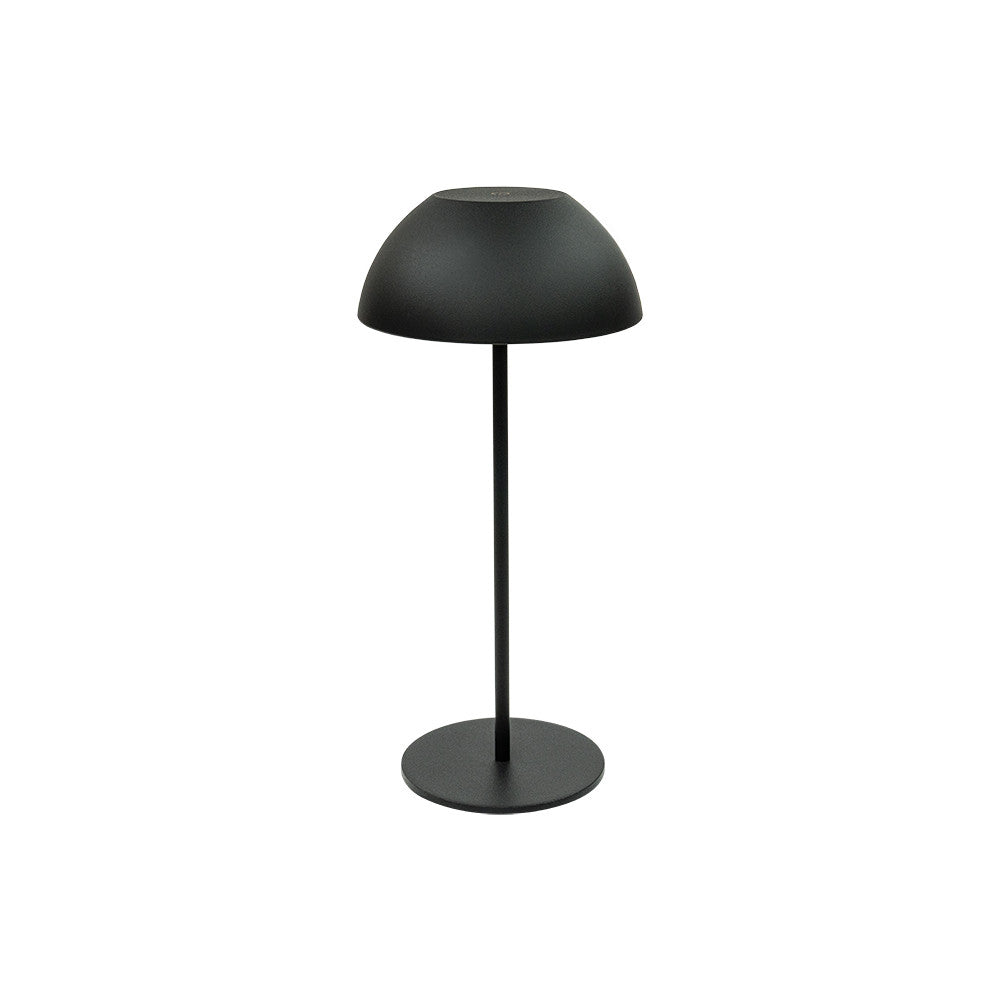 Lampe de table noire de face, abat-jour dôme et pied fin sur base ronde