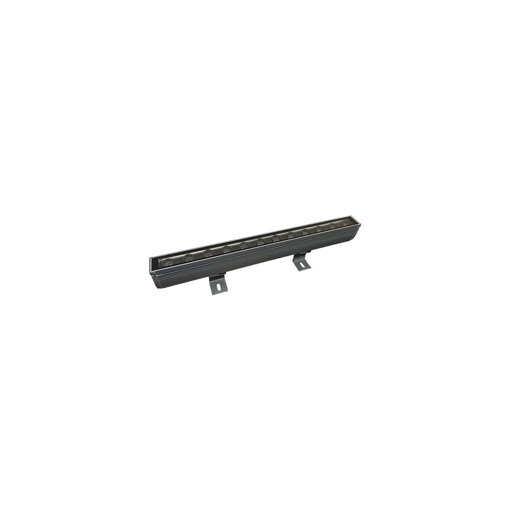 Luminaire linéaire graphite vu de trois quarts avec deux supports de fixation.