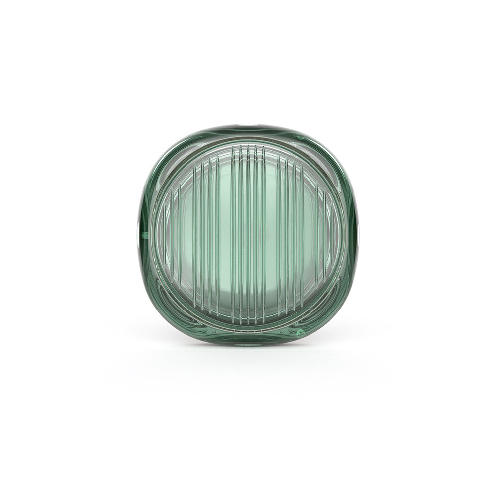 Vue de face de l’applique ronde en verre strié vert et cerclage sombre