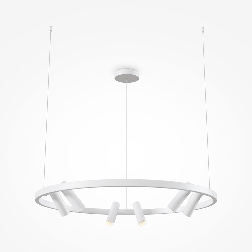 Vue de face du luminaire blanc suspendu : anneau portant six projecteurs orientables