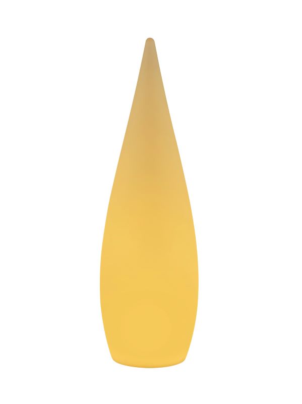 Version jaune du lampadaire, forme effilée et arrondie vue de face