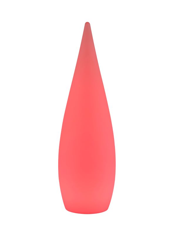 Variante corail du luminaire, silhouette de goutte allongée sur fond blanc