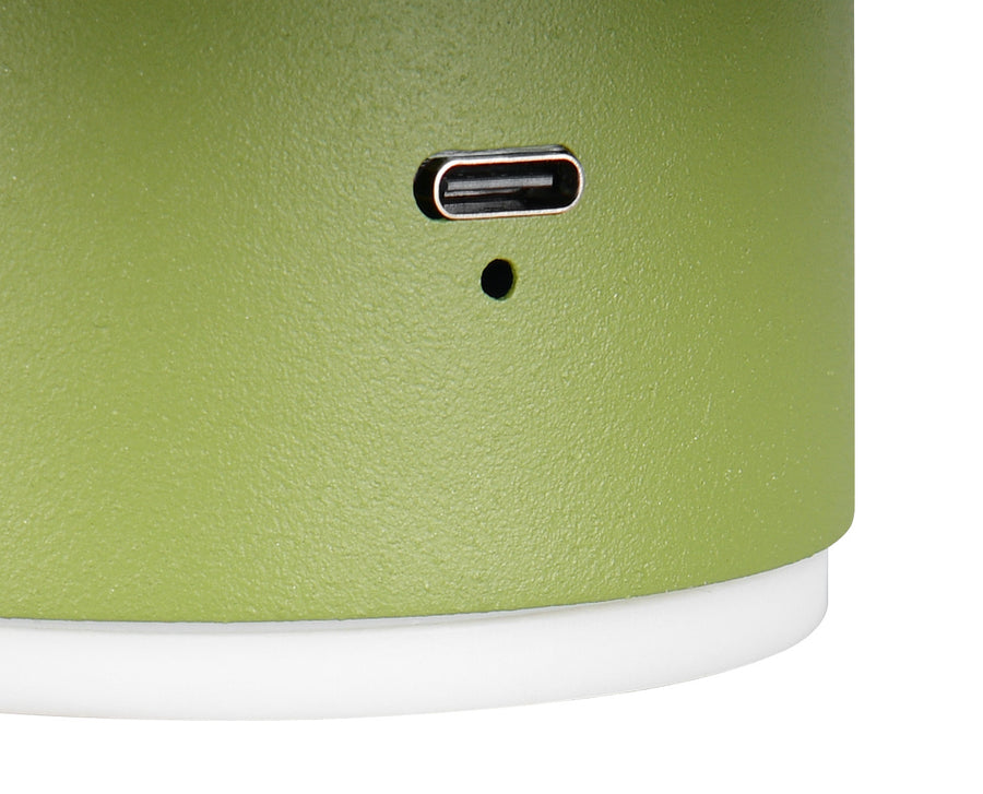 Détail du port de recharge USB-C et du témoin sur la coque verte