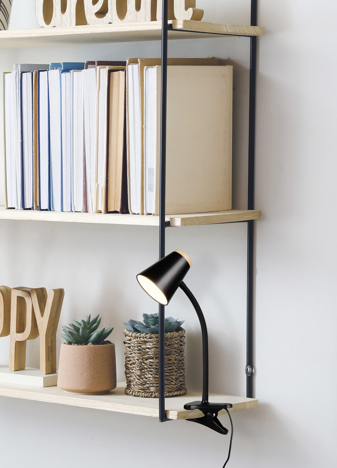 Lampe à pince installée sur une étagère près de livres et de plantes grasses.