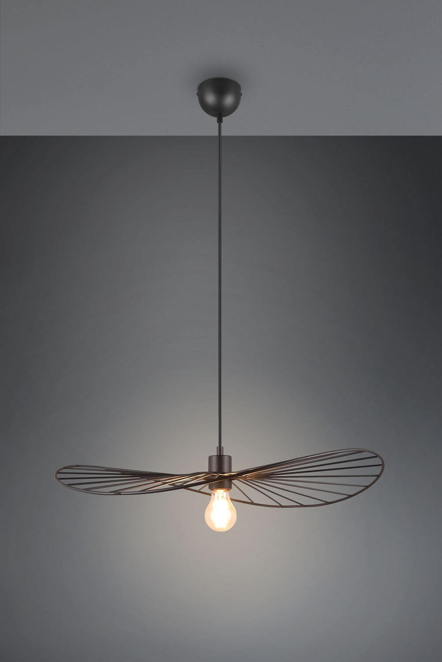 Produit seul sur fond gris, suspendu, mettant en valeur l'abat-jour filaire noir.