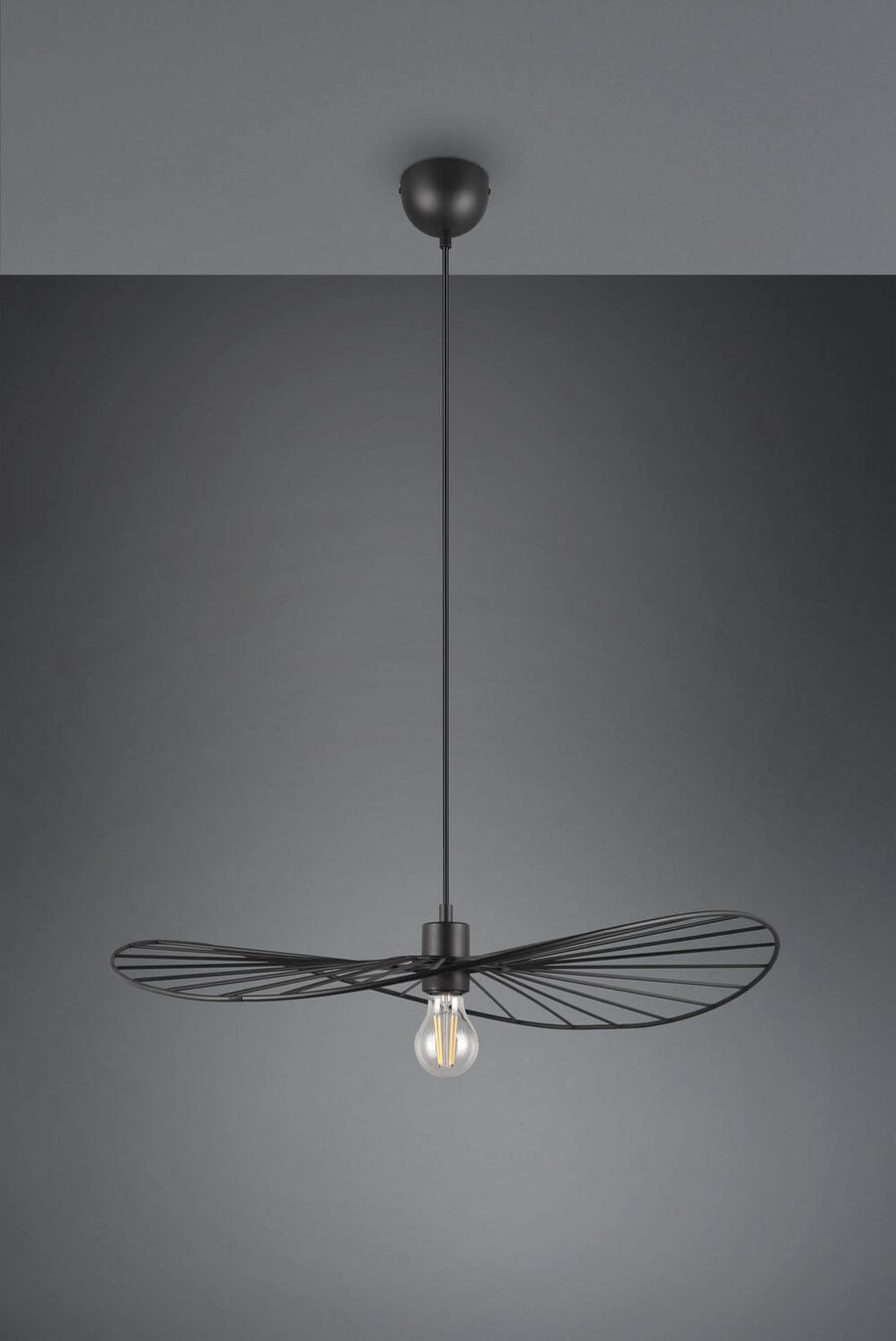 Vue de face sur fond gris avec ampoule à filament visible, suspension prête à poser.
