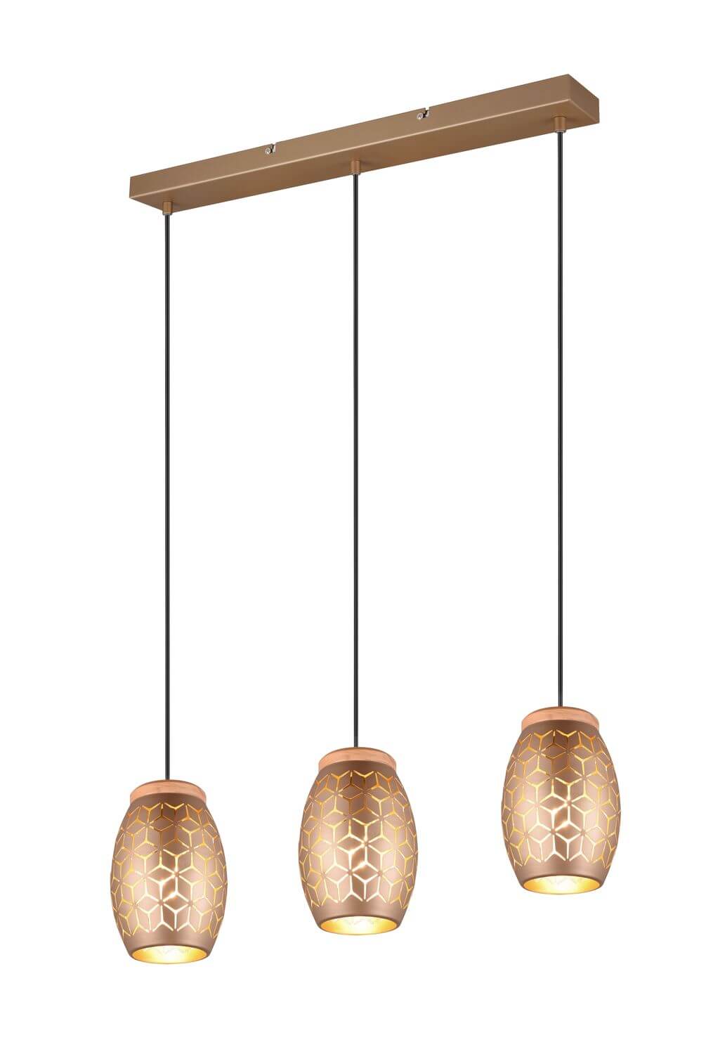 Vue de face de la suspension trois lumières avec barre de fixation et câbles noirs.