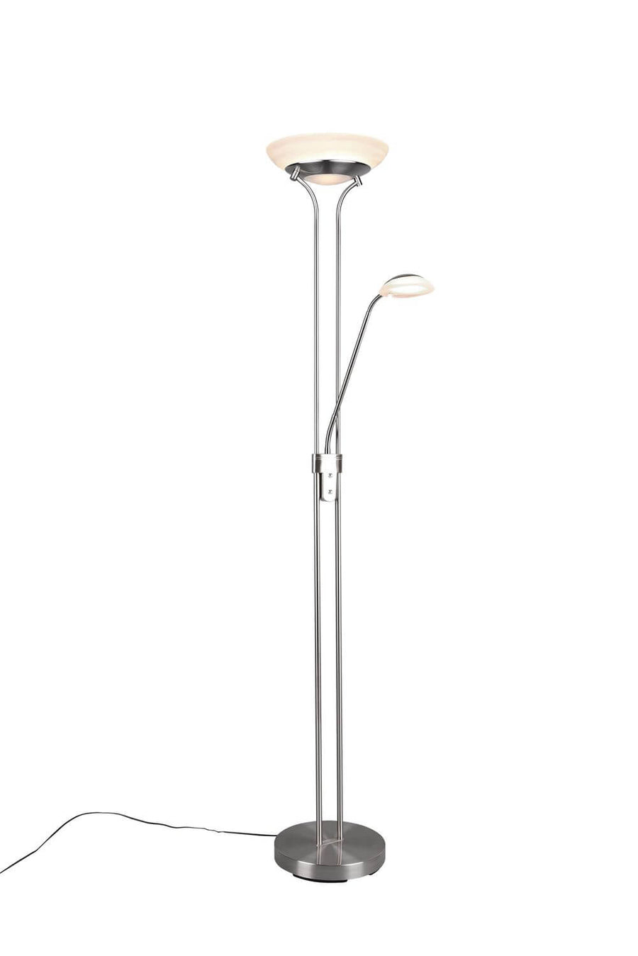 Vue de face du lampadaire nickel satiné, double éclairage et base ronde.
