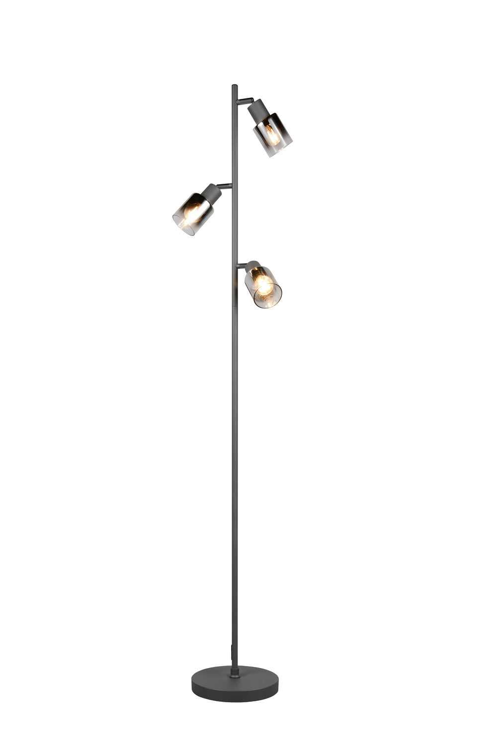 Autre angle du lampadaire présentant la base ronde et les trois spots orientables