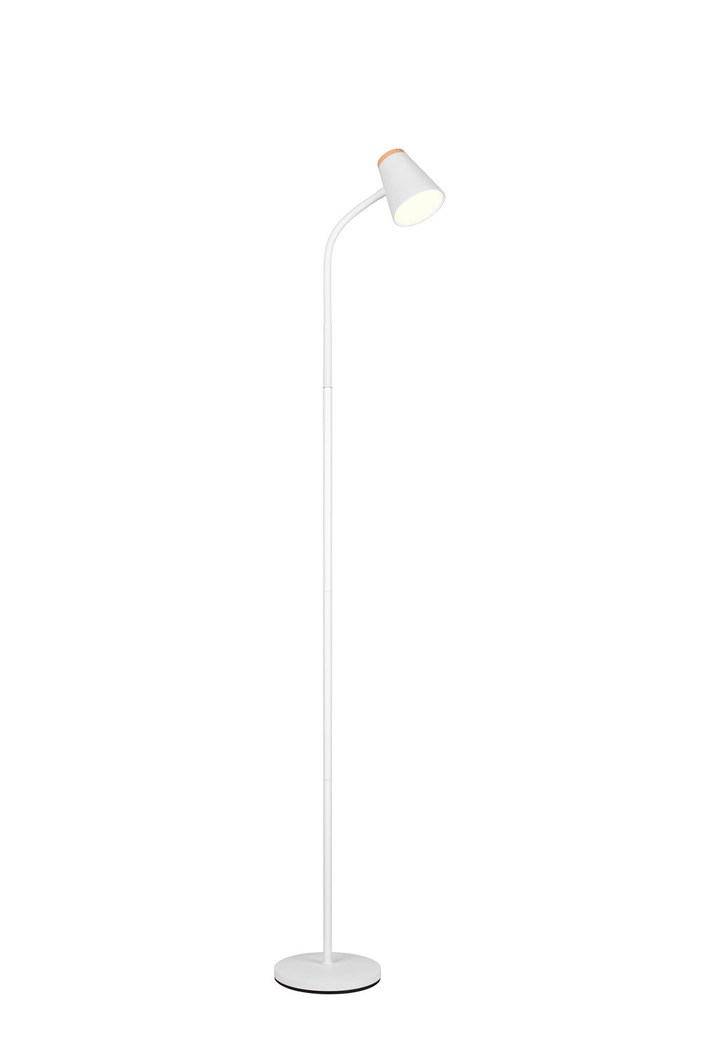 Lampadaire blanc vu de face, abat-jour conique, tige fine et socle rond.