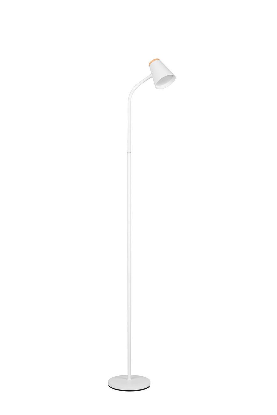Lampadaire blanc entier, abat-jour conique et long pied souple posé au sol.