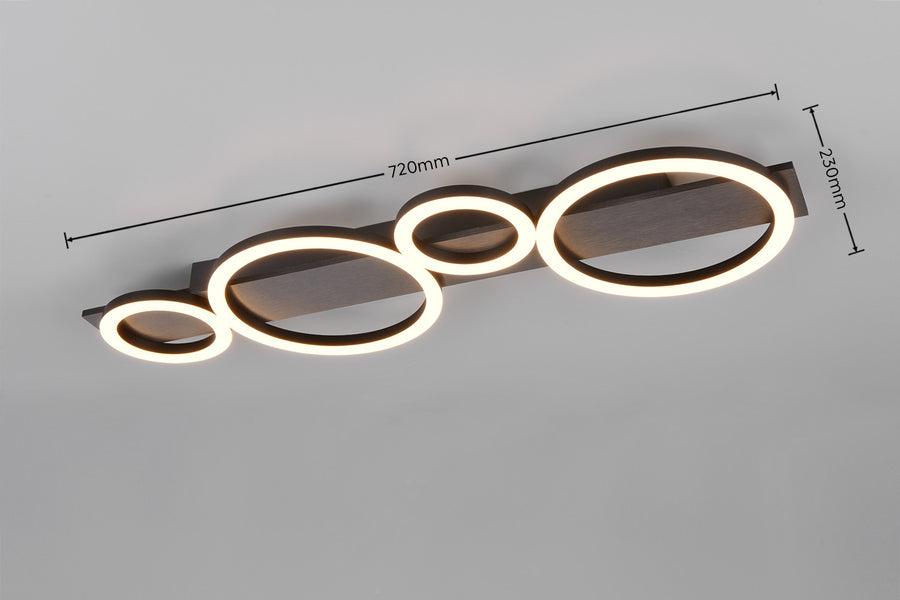 Schéma de dimensions du plafonnier : 720 mm de long et 230 mm de large.